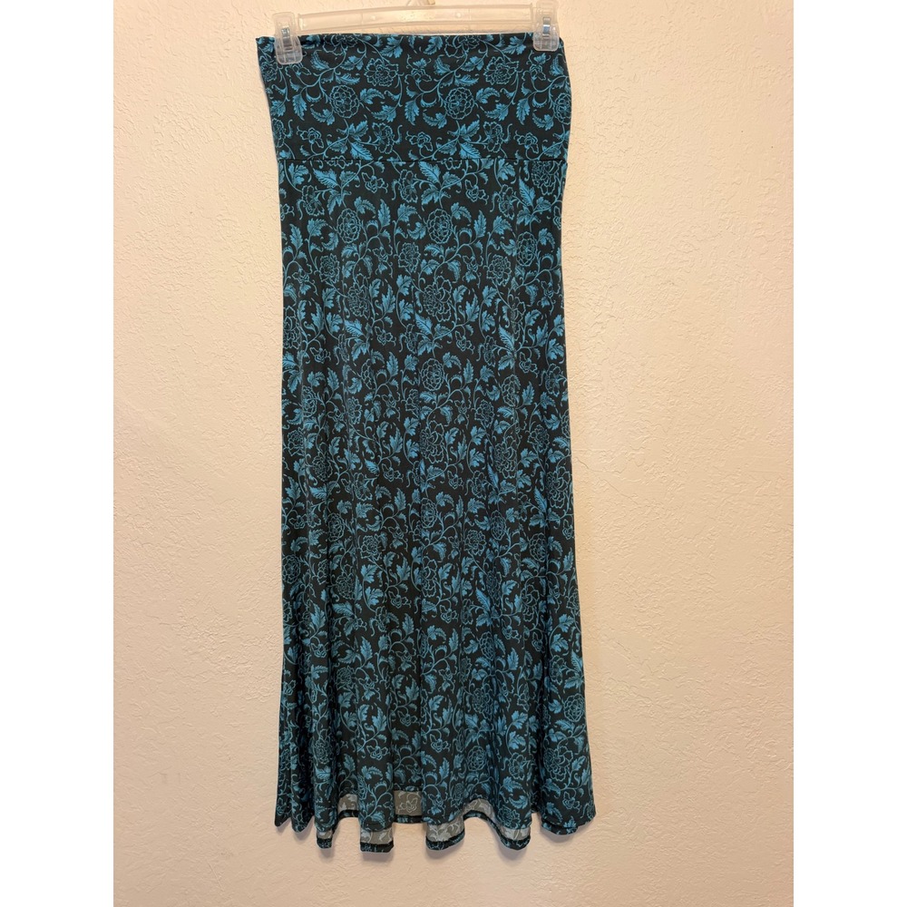 LuLaRoe Maxi Skirt Small Black Teal Blue Floral Vine Print Fold Over Waistband